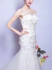 Mermaid Illusion Tulle Court Train Wedding Dress with Appliques Lace