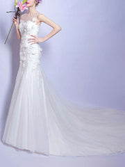 Mermaid Illusion Tulle Court Train Wedding Dress with Appliques Lace