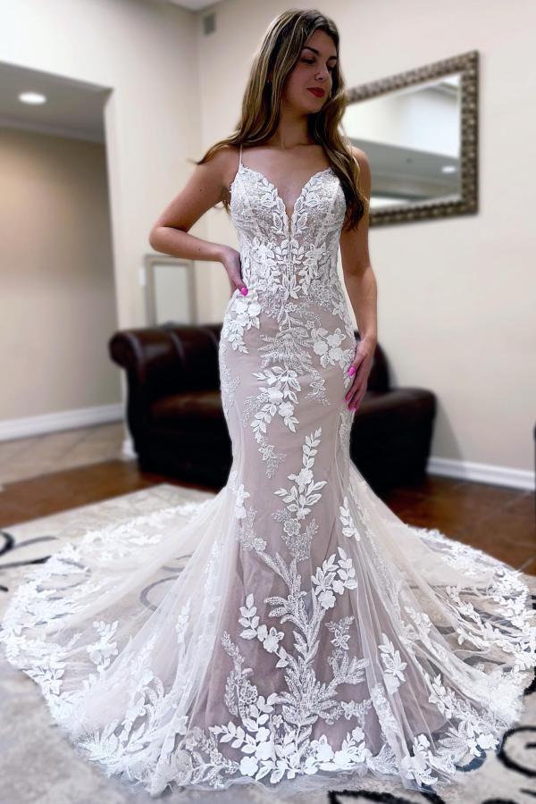 Mermaid Lace Wedding Dress Sleeveless With Appliques-27dress