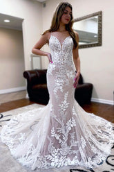 Mermaid Lace Wedding Dress Sleeveless With Appliques-27dress