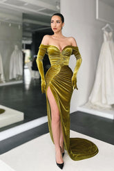 Mermaid Off the Shoulder Long Sleeves Pleated Prom Dress With High Split
