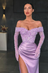 Mermaid Off the Shoulder Long Sleeves Sequins Prom Dress With High Split