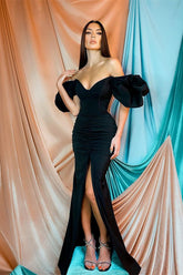 Mermaid Off the Shoulder Strapless Long Black Prom Dress With Front Split