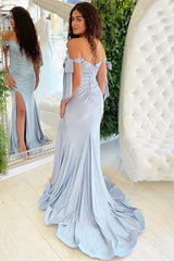 Mermaid Off the Shoulder Strapless Pleated Long Prom Dress With Front Split