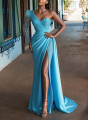 Mermaid One-Shoulder Long Sleeves Satin Prom Dress With Split Front and Sequins-27dress