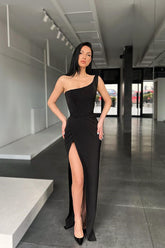 Mermaid One Shoulder Sleeveless Black Pleated Prom Dress With High Split