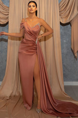 Mermaid One Shoulder Spaghetti Strap Bead V Neck Split Prom Dress With Ruffles