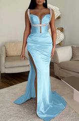 Mermaid Prom Dress Spaghetti Strap Fuchsia With High Split Sleeveless
