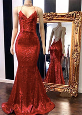Mermaid Red Spaghetti Strap V Neck Sleeveless Long Prom Dress With Sequins