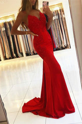 Mermaid Red Spaghetti Strap V Neck Sleeveless Prom Dress With Appliques