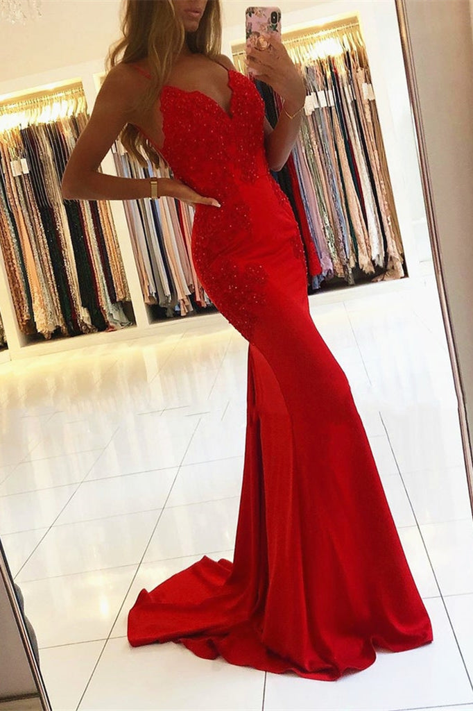Mermaid Red Spaghetti Strap V Neck Sleeveless Prom Dress With Appliques