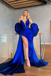Mermaid Royal Blue Removable Sleeves Pleated Prom Dress With High Split