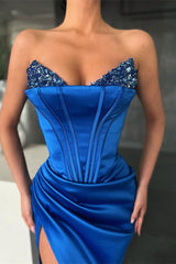 Mermaid Royal Blue Strapless Sleeveless Prom Dress High Split With Sequins