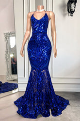 Mermaid Spaghetti Strap Sleeveless Royal Blue Long Prom Dress With Sequins