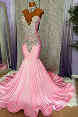 Mermaid Strapless Pink High Neck Sleeveless Prom Dress Beaded With Appliques