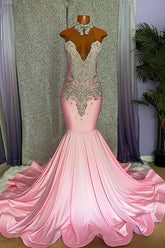 Mermaid Strapless Pink High Neck Sleeveless Prom Dress Beaded With Appliques