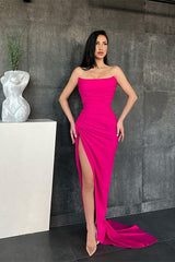 Mermaid Strapless Sleeveless Long Prom Dress With Split Pleated