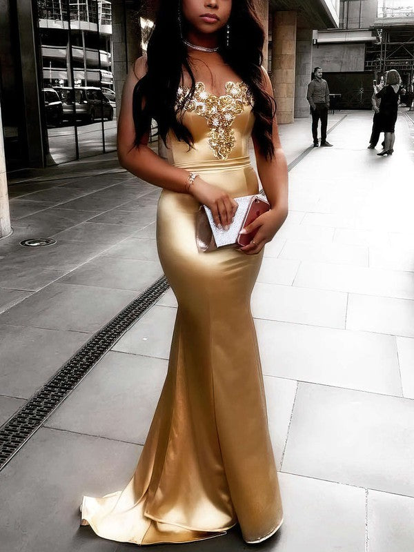 Mermaid Sweetheart Satin Prom Dress with Beading and Sweep Train