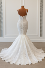 Mermaid Sweetheart Spaghetti Straps Tulle Beading Long Wedding Dresses-27dress