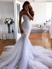 Mermaid Sweetheart Tulle Court Train Wedding Dress with Appliques Lace