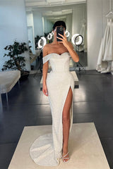 Mermaid White Off the Shoulder Sleeveless Sequins Prom Dress With Split