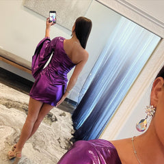 Metallic Purple One Shoulder Mini Dress with Puff Sleeve