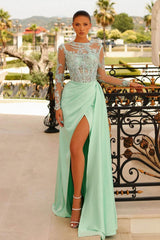 Mint Green Front Split Long Mermaid Prom Dress Long Sleeves With Appliques