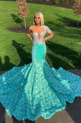 Mint Green Long Sleeve Prom Dress Gown Tulle Flower Long Appliques