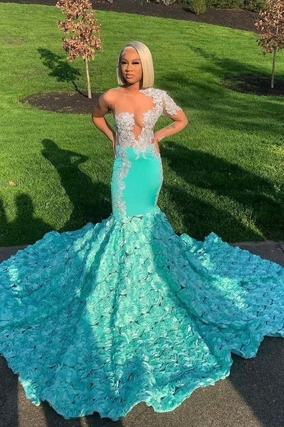 Mint Green Long Sleeve Prom Dress Gown Tulle Flower Long Appliques
