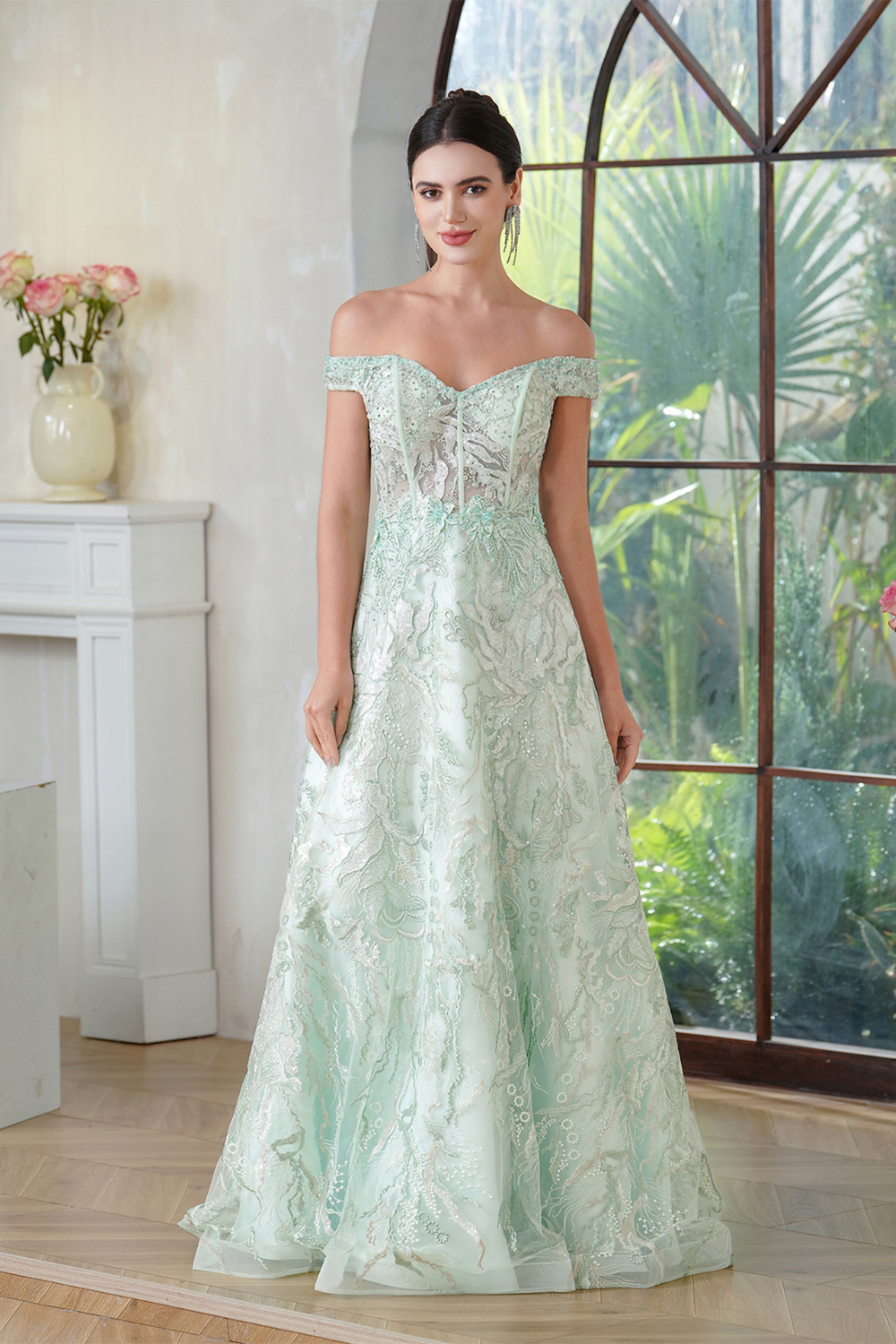Mint Green Off-the-shoulder A-line Long Prom Dress with Lace Applique-27dress
