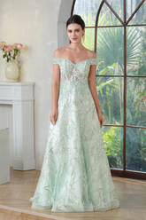 Mint Green Off-the-shoulder A-line Long Prom Dress with Lace Applique-27dress