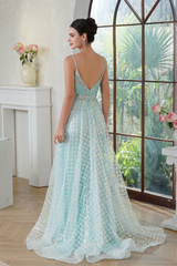 Mint V Neck Sleeveless A-line Long Prom Dress with Lace Applique-27dress