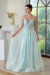 Mint V Neck Sleeveless A-line Long Prom Dress with Lace Applique-27dress
