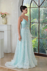 Mint V Neck Sleeveless A-line Long Prom Dress with Lace Applique-27dress