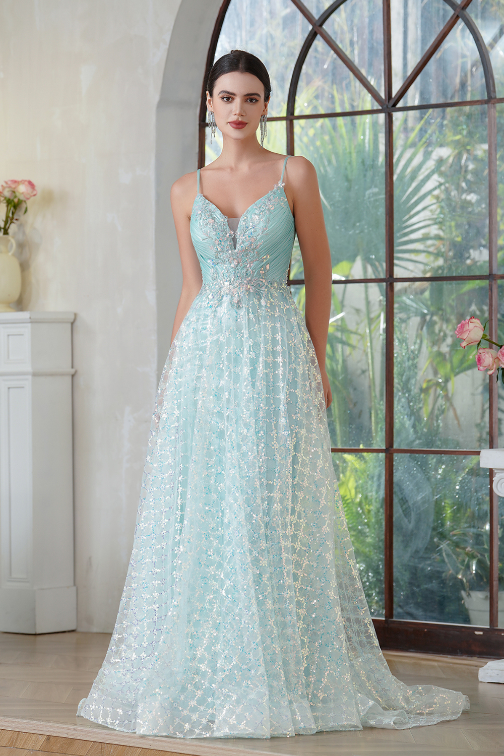 Mint V Neck Sleeveless A-line Long Prom Dress with Lace Applique-27dress
