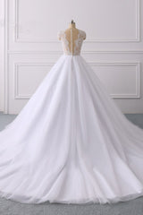Modern Ball Gown Jewel Tulle Ruffles Lace Wedding Dress Appliques Short-Sleeves Bridal Gowns On Sale-27dress
