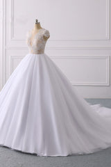 Modern Ball Gown Jewel Tulle Ruffles Lace Wedding Dress Appliques Short-Sleeves Bridal Gowns On Sale-27dress