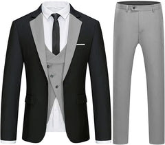Modern Black And Gray Three Pieces Notched Lapel Men Suits For Business