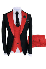 Modern Three Pieces Fashion Slim Fit Black Prom Suits with Red Shawl Lapel
