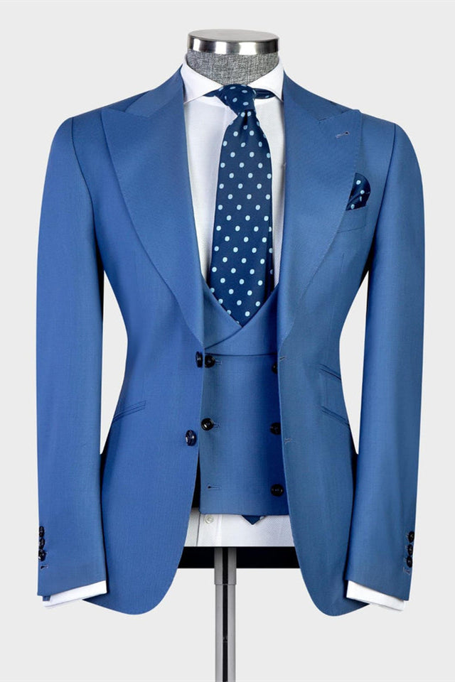 Modern Blue 3-pieces Peaked Lapel Men Suits For Business