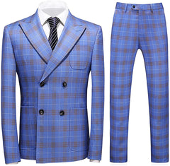 Modern Double Breasted Plaid Mens Blue Prom Suits