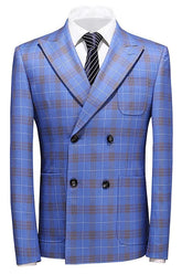 Modern Double Breasted Plaid Mens Blue Prom Suits