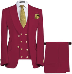 Modern Three Pieces Peaked Lapel Burgundy Prom Suits