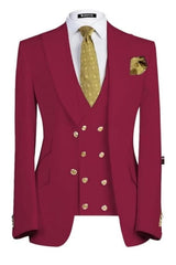 Modern Three Pieces Peaked Lapel Burgundy Prom Suits