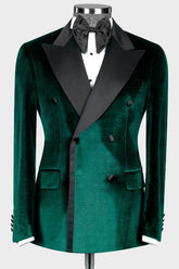 Modern Dark Peaked Lapel Double Breasted Velvet Green Prom Suits