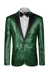 Modern Deep Green Peaked Lapel Sequins Men Suits For Prom