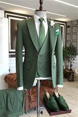 Modern Deep Sage Peaked Lapel Three Pieces Prom Suits