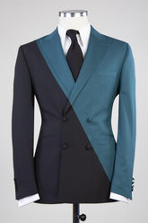 Modern Dusty Blue And Black Double Breasted Peaked Lapel Men Suits for Prom