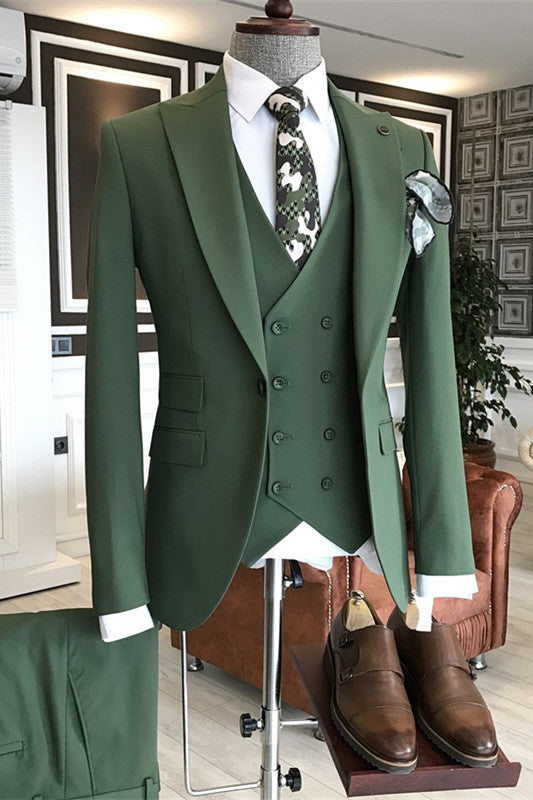 Modern Peaked Lapel Three Pieces Green Business Suits