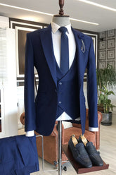 Modern Navy Blue 3-Pieces Peaked Lapel Slim Fit Business Men Suits